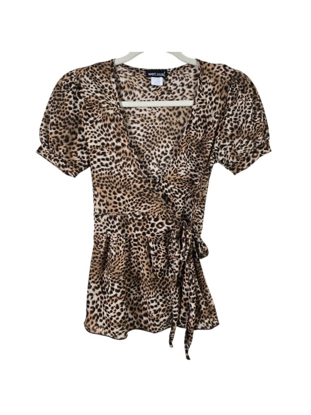 Y2K Wet Seal Womens Leopard Cheetah Chiffon Short Sleeve Peplum Wrap Top Medium